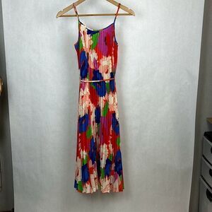 Sam Edelman Pleated Plisse Satin Belted Dress Sz S Multi Water Color Floral Midi